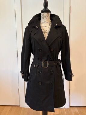 Authentic Burberry Black Trench Coat - Detachable Fox Fur Hood - Size UK14/US12